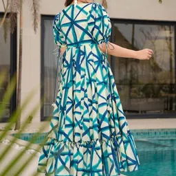 BlueRang Women Geometric Printed Ruffles Puff Sleeve A-Line Maxi Dress-image-14