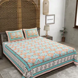 CLOTHOLOGY Turquoise Blue & Orange Printed 180TC Cotton King Bedsheet Set 2.75 m x 2.25 m-image-48