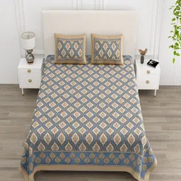 tundwal's Blue & Brown Floral Printed 210 TC Cotton King Bedsheet Set 2.28 m x 2.74 m-image-90