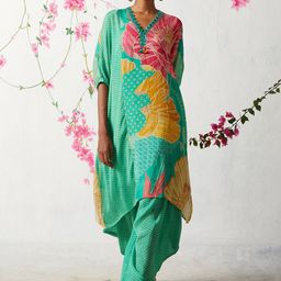 Basil leaf Floral Printed V-Neck Pure Silk Tunic With Palazzo-image-8
