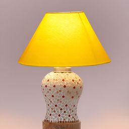 Devansh Yellow & White Printed Frustum Shaped Wooden Table Lamp image 2