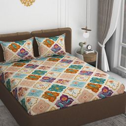 VOMZER Beige & Blue Printed Cotton 210 TC Queen Bedsheet Set- 1.98 m x 1.53 m-image-87
