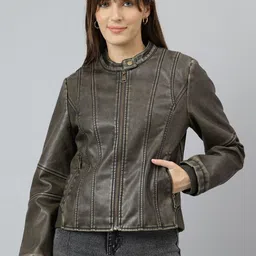 Latin Quarters Women Mandarin Collar Washed Self Design PU Casual Biker Jacket-29