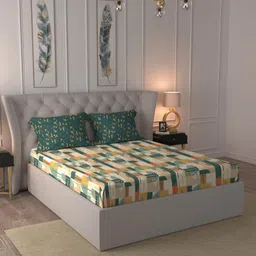 MYTRIDENT Dusk and Dawn Green & Yellow Abstract Cotton Queen Bedsheet with 2 Pillow Covers-4