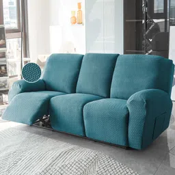 HOKIPO Blue 8 Pieces Self Design 3-Seater Jacquard Sofa Cover With Arms-image-15