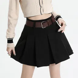 LULU & SKY Flare Women Pleated Flared Skirt With Belt-image-57