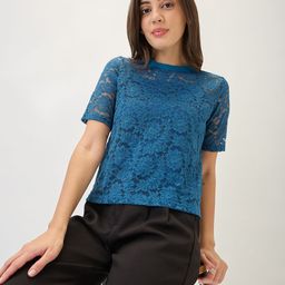 Globus Round Neck Short Sleeves Opaque Floral Lace Party Top-picture-39