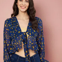 SZN Print Tie-Up Neck Puff Sleeve Georgette Top-picture-10