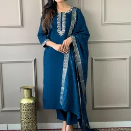 Growdamy Ethnic Motifs Yoke Design Thread Work Chanderi Silk Kurta With Trousers & Dupatta-picture-10