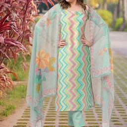 DIVASTRI Chevron Printed Round Neck Straight Kurta With Trousers & Dupatta-8
