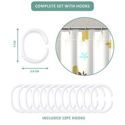 Aura 3-Pcs White & Mustard Leaf Printed Waterproof ShowerCurtainWithHooks image 2