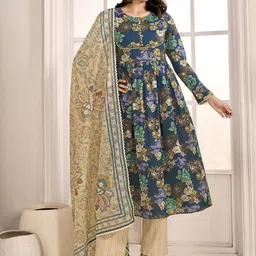 Anouk Women Floral Printed Pleated Pure Cotton Kurta with Palazzos & With Dupatta-image-90