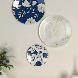Homscape Set Of 3 White & Blue Printed Ceramic Wall Plates-7