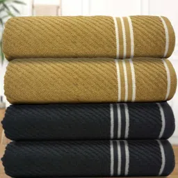 Myntra Elegant Homes Mustard & Black 4 Pieces Striped Cotton 400 GSM Bath Towel-image-73