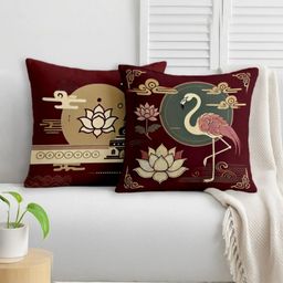 STITCHNEST Maroon & Beige 2 Pieces Ethnic Motifs Satin Square Cushion Covers-14
