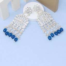 BELWICK Silver-Plated Kundan Studded Geometric Shaped Drop Earrings-2