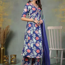 Stylum Floral Printed V-Neck A-Line Mirror Work Kurta With Palazzos And Dupatta image 2