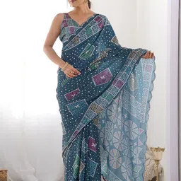 Munir Bandhani Printed Mirror Work Border Pure Georgette Saree-picture-11
