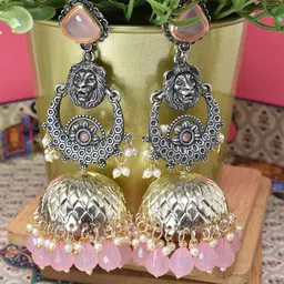 MEIRA JEWELLERY Silver Plated Artificial Stones Studded And Beaded Dome Oxidised Jhumkas-picture-41