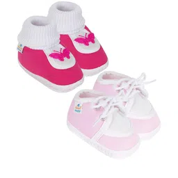 Neska Moda 0 To 6 Months 2 Pair Set Newborn Baby Unisex Skin-Friendly Cotton Lace Shoes Booties (Toe to Heel Length - 10 cm, Baby Pink, Rani)-134