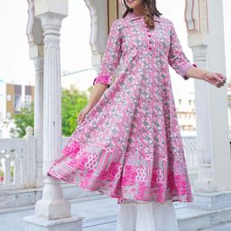 IKRASS Women Tribal Printed Shirt Collar Anarkali Midi Kurta-image-4