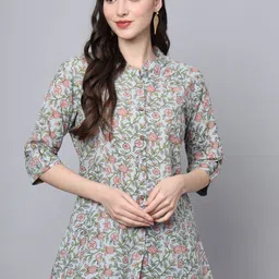 BAESD Floral Print Mandarin Collar Roll-Up Sleeves Ethnic Cotton Top-picture-53
