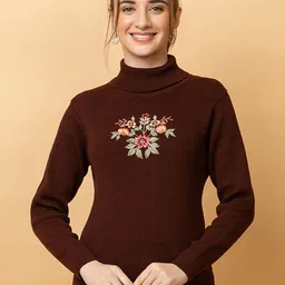 CLAPTON Women Embroidered Woollen Turtle Neck Pullover Sweater-image-99