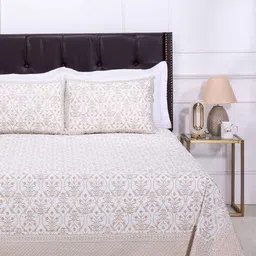 SHAHENAZ White & Beige Floral 120 TC Queen Bedsheet with 2 Pillow Covers-12