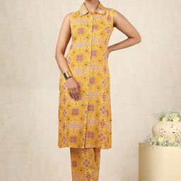 Soch Ethnic Motifs Printed High Slit Shirt Collar Sequinned Straight Kurta With Trousers-picture-11