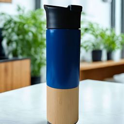 THE HOME CO. Blue & Brown Stainless Steel Matte Sipper Mug With Bamboo Base 300 ml-80