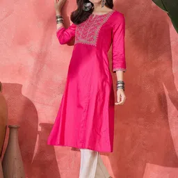 Sangria Floral Yoke Design Notch-Neck Thread Work Straight Kurta image 5