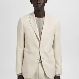MANGO Notched Lapel Collar Single-Breasted Pure Linen Blazers-image-9