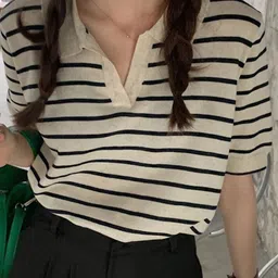HERE&NOW Women Striped Shirt Collar Top-picture-30