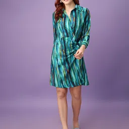Amarasha Women Abstract Printed Shirt Collar Wrap Dress-image-93