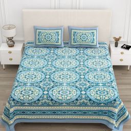 Jinaya's White & Blue Ethnic Motifs 210 TC Pure Cotton King Bedsheet Set 2.28 m x 2.74 m-image-81
