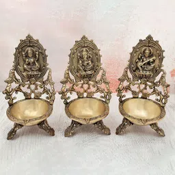 Exotic India Gold Toned 3 Pieces Textured Brass Lakshmi-Ganesha-Saraswati Diyas-14