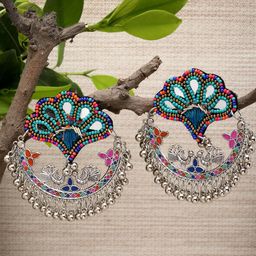 MoedbuilleSilver-Plated Artificial Stones Studded and Beaded Crescent Shaped Chandbalis-15