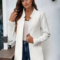 StyleCast Women Collarless Self Design Cotton Casual Open Front Jacket-5