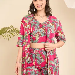 WineRed 3Pcs Tropical Printed Cotton V Neck Top Shrug With Shorts Co-Ords-12