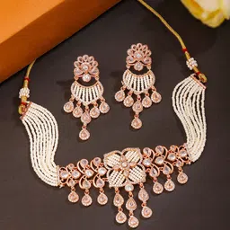 Yellow Chimes Rose Gold-Plated American Diamond-Studded Choker Jewellery Set-53