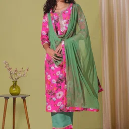 Anni Designer Floral Printed Notch Neck Sequinned Straight Kurta With Palazzos & Dupatta-57