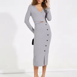 Styli Women Button Detail Front Slit Bodycon Midi Dress-image-21