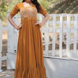 KALINI EmbroideredGathered Maxi Ethnic Dresses-image-13