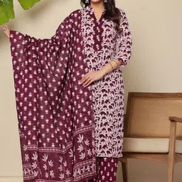 FLAMBOYANT Floral Printed Sequnnied Pure Cotton Straight Kurta With Trousers & Dupatta-picture-13