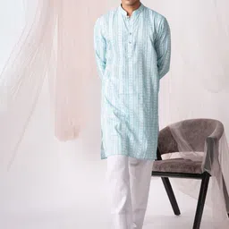 5 Stitch Geometric Woven Design Band Collar Straight Pure Wool Kurta With Pyjamas-picture-35