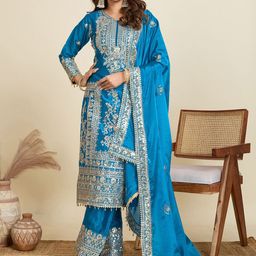AKSHARAM Women Floral Embroidered Regular Sequinned Kurta with Trousers & With Dupatta-image-34