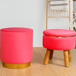 Shadowkart Set Of 2 Pink & Brown Wooden Pouffes Ottomans-18