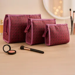 Aura Maroon 3 Pieces Printed Makeup Organisers-5
