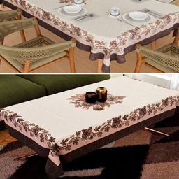 Aura Brown & White 2 Pieces Floral Printed Anti-Skid Cotton 6-Seater Table Cover-image-46