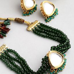 Sangria Gold-Plated Crystal Polki Kundan Studded & Pearls Beaded Choker Jewellery Set-image-81